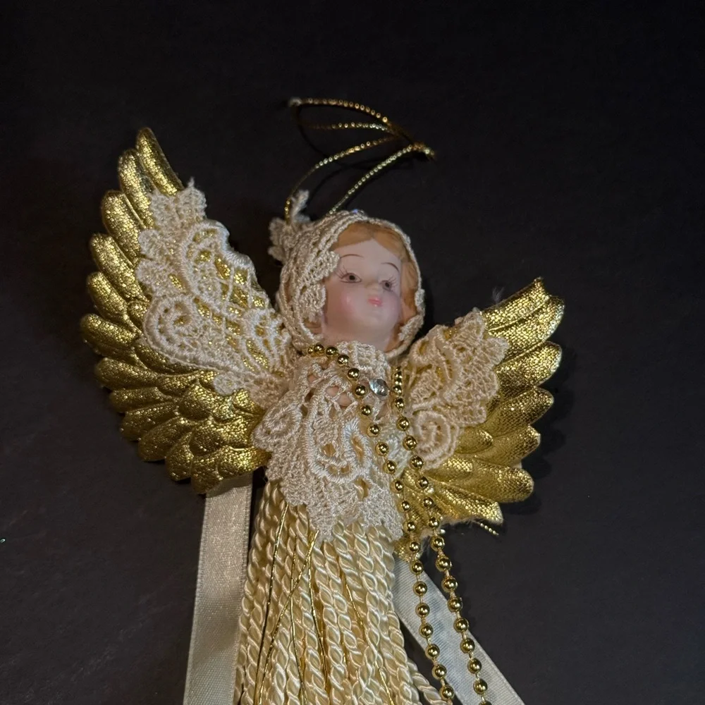 Elegant‎ Gold Angel Ornament Vintage, made with lace and fabric.